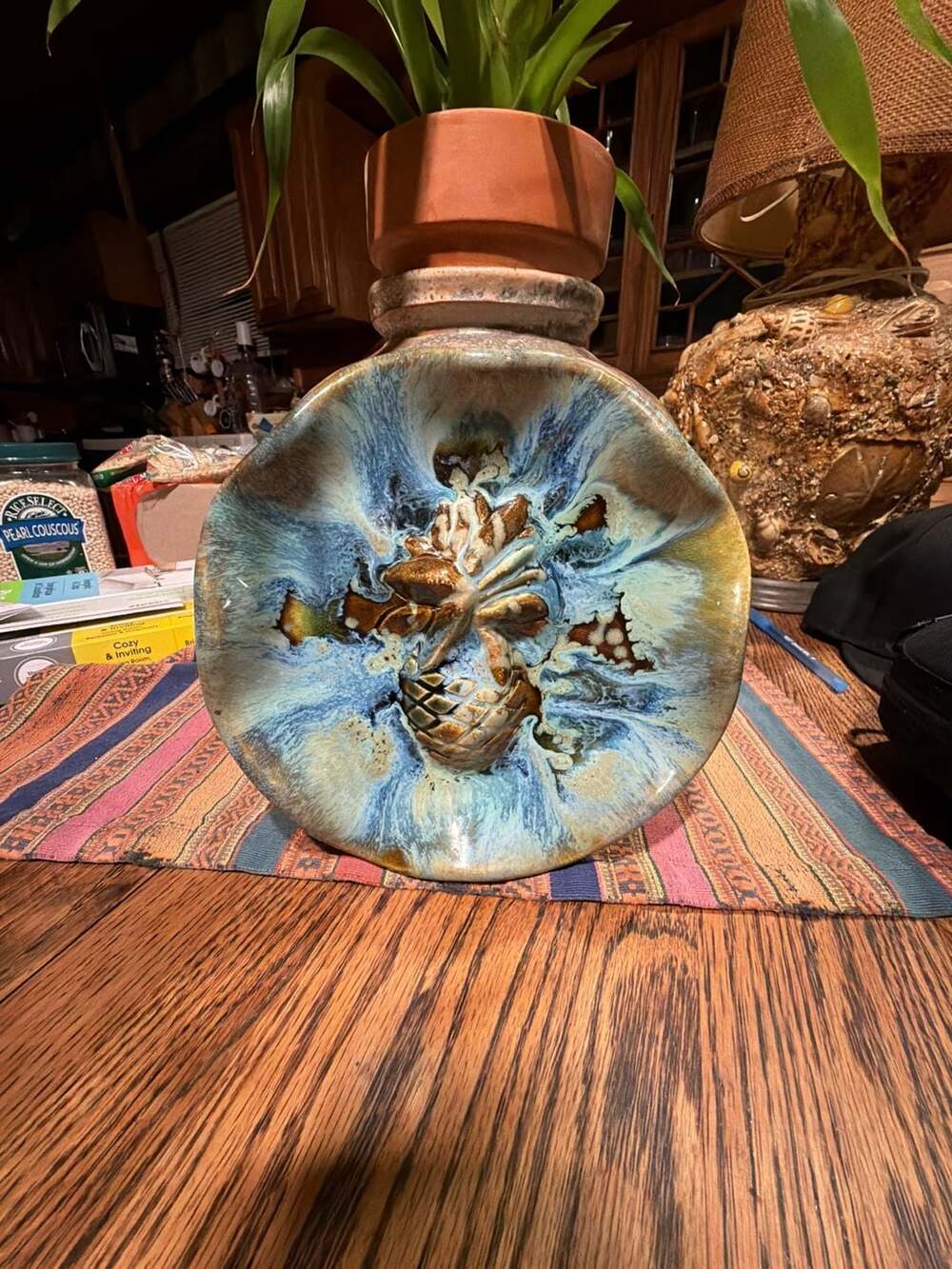 Vintage Studio Art Pottery Wall Pocket w/ Blue Drip Glaze & Raised 🍍 Motif